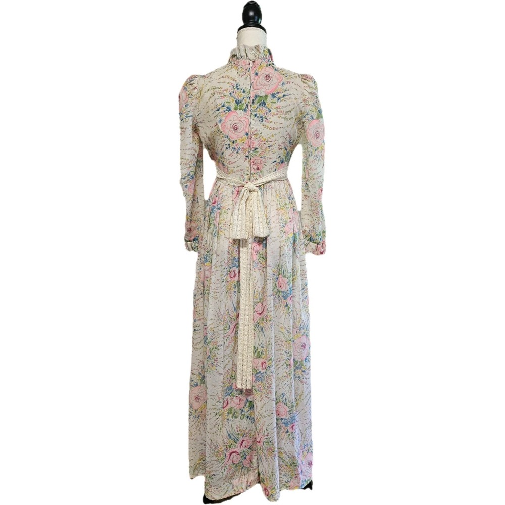 Vintage 70s Act I Floral Watercolor Maxi Prairie Dress Size S Hippie Cottagecore - Picture 4 of 10